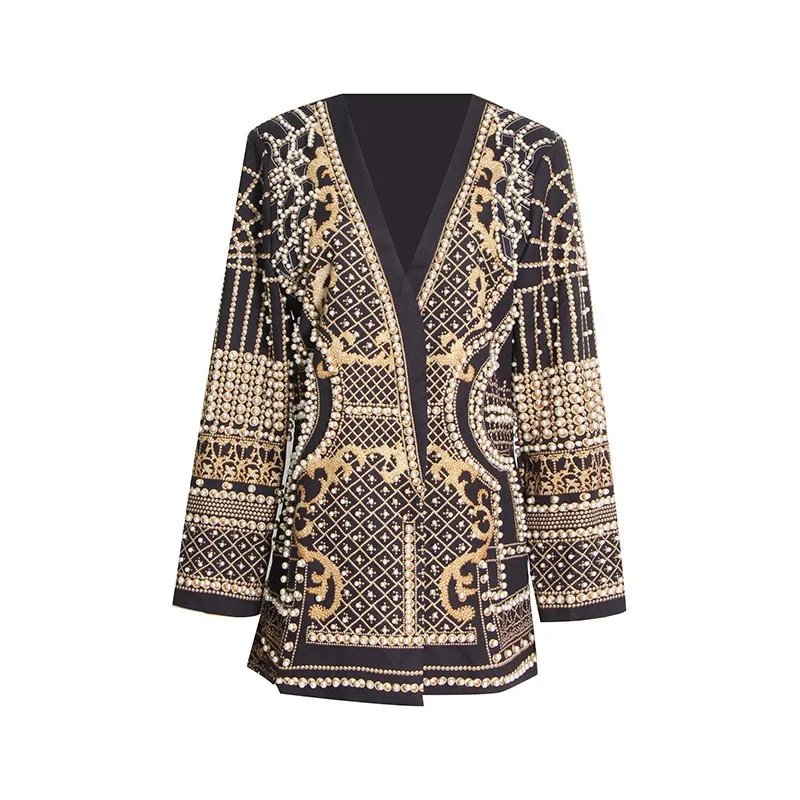 Printed Long Sleeve Suit with Literary Retro Mid Length a Line V Neck Concealed Button Placket No Hood Autumn Women Suit