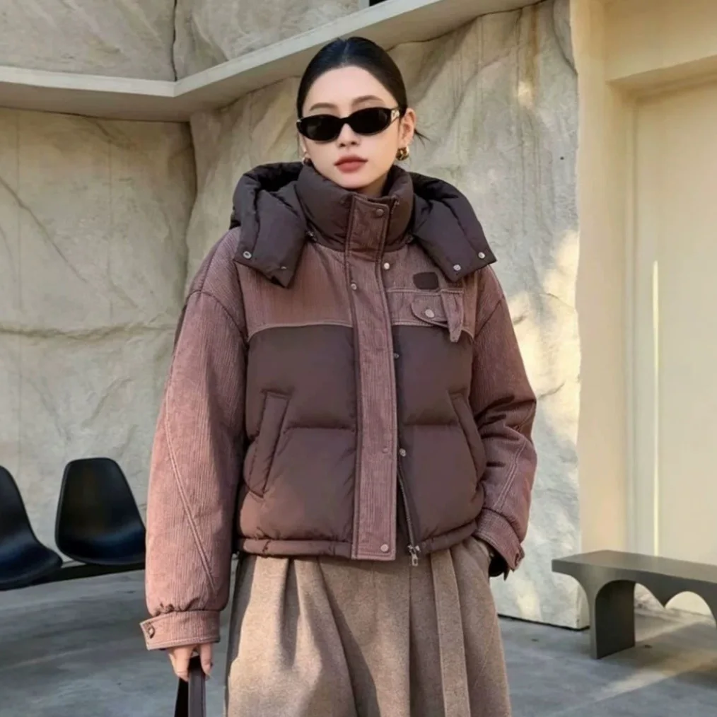 2026 Winter New Women's Denim Down Jacket Windproof Hooded Patchwork White Duck Down Jacket