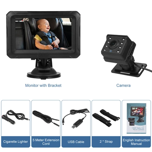 Imagen 2 del producto Baby Car Mirror 1080P Monitor para bebés con visión nocturna 150 °   Gran ángulo de visión para bebés y niños con cámara con enchufe USB Cámara para bebés de 4,3""