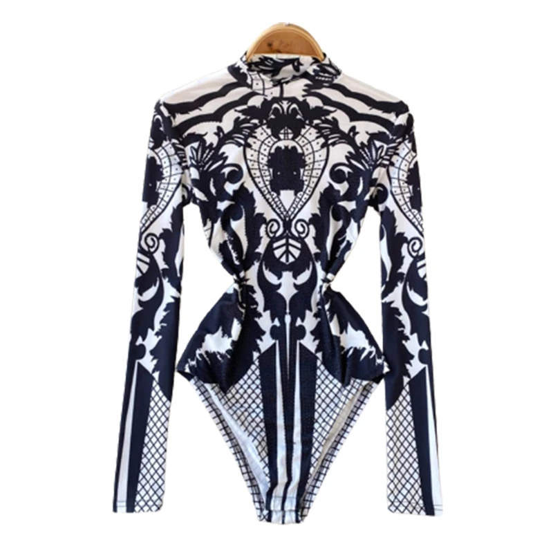 

Women Long Sleeve Stand Collar Bodysuit Elegant Vintage Floral Printed for Rhinestone Beaded Leotard Bodycon Romper