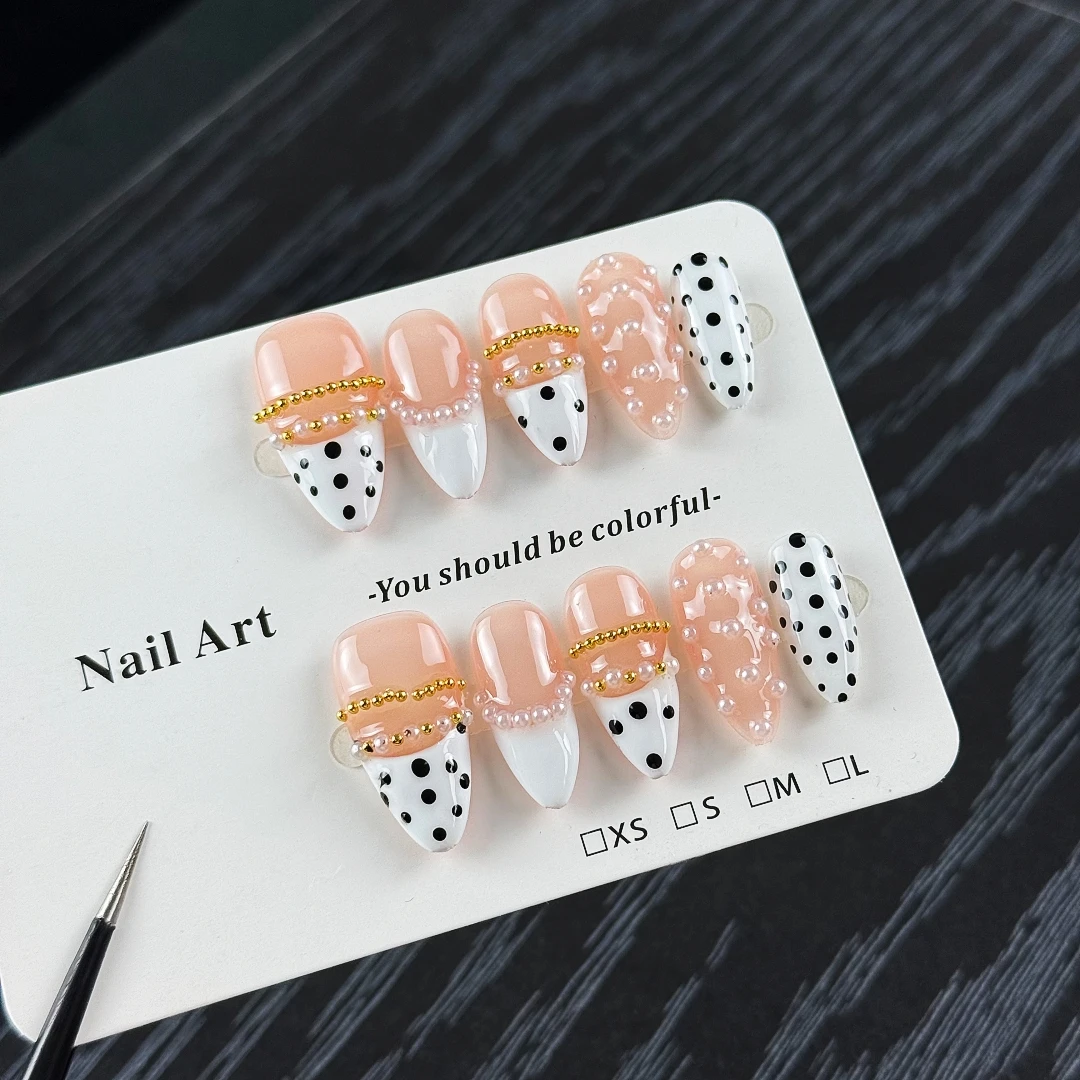 10pcs High-end Simple and elegant style, hand-painted polka dot pattern, small pearls and small gold beads handmade fake nails