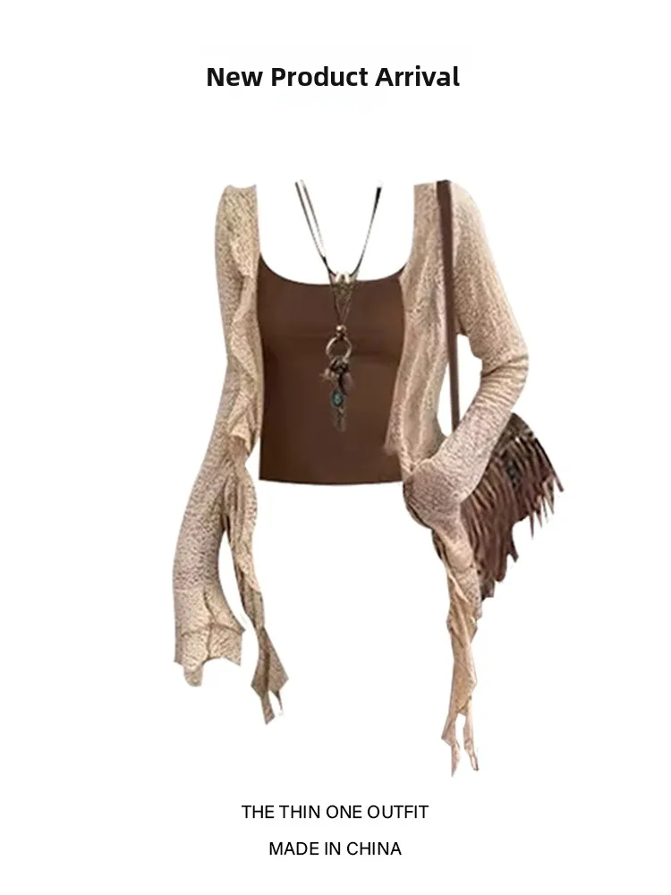 

Women's Early Autumn Two-Piece Set Lace Sun Protection Open Cardigan with Strap Vest Lightweight Outerwear Ethnic Style