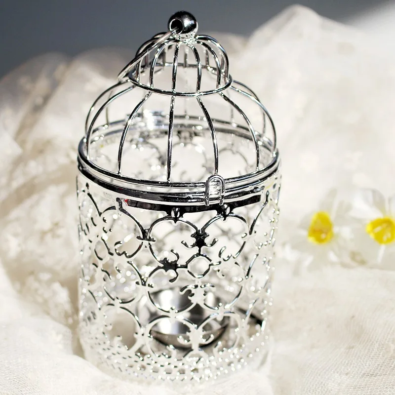 1Pc Metal Bird Cage Wedding Candle Holder Golden Silver Lantern Morocco Vintage Small Lantern for Candles Decor
