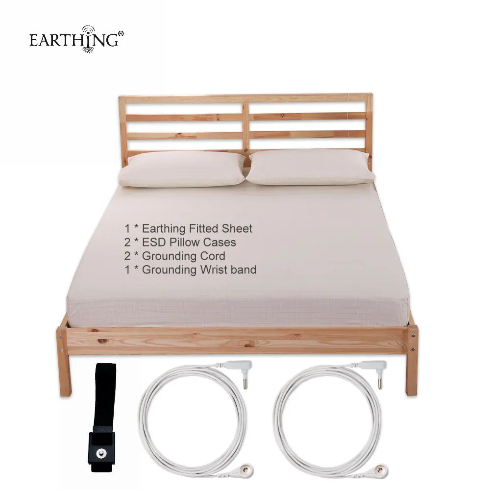 Earthing Fitted Sheet Nature cotton Silver Antimicrobial Conductive 2 Pillow cases Mattress Cover Elastic Band