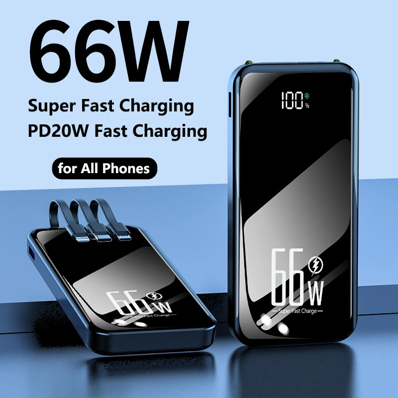 

Power Bank 20000mAh Built in Cable 66W Fast Charging Powerbank External Battery Pack for iPhone Huawei Xiaomi Samsung Poverbank