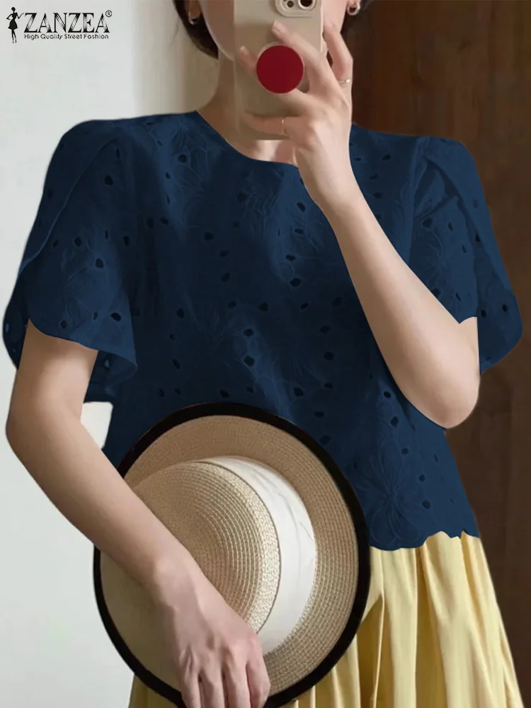 Women Fashion Petal Short Sleeve Tops ZANZEA Korean Short Sleeve Blouse Shirt Sweety Floral Hollow Out Blusas Casual Solid Tunic