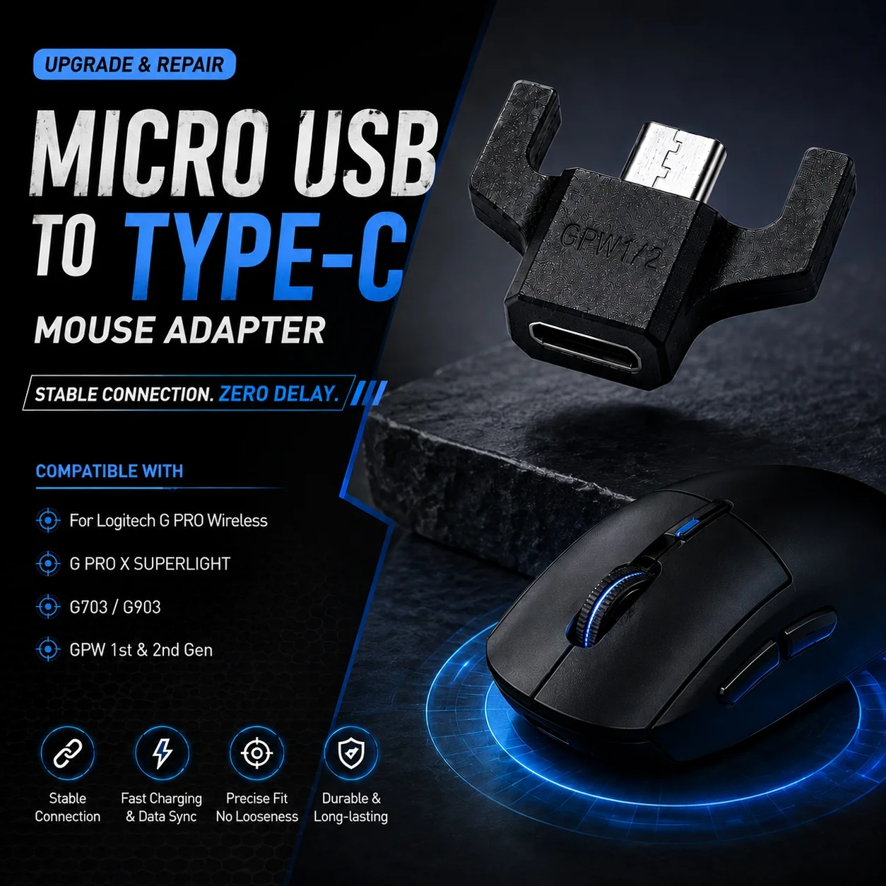 Micros USB To Type C Conversion Adapters for Logitech G PRO Wireless / G PRO X SUPERLIGHT Professional Gaming Mouse Repair Part