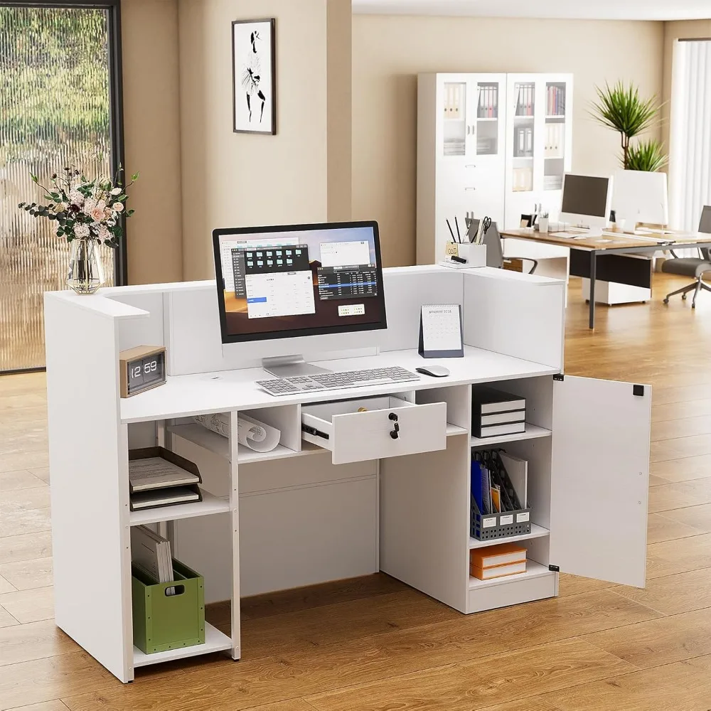 63-дюймовый приемный стол, стойка регистрации со светодиодной подсветкой RGB, современная стойка регистрации со стойкой, запираемым ящиком и открытыми полками,