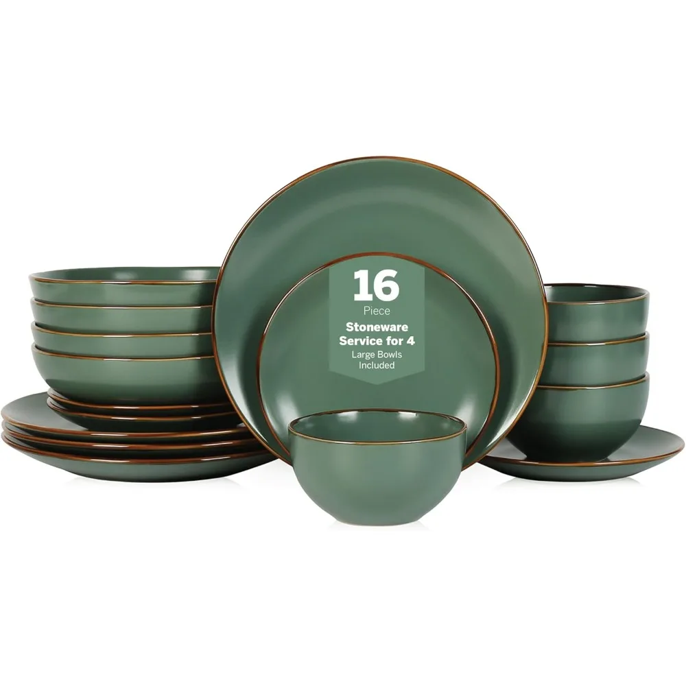 

Green 16-Piece Modern Stoneware Dinnerware Set: Plates and Bowls for 4