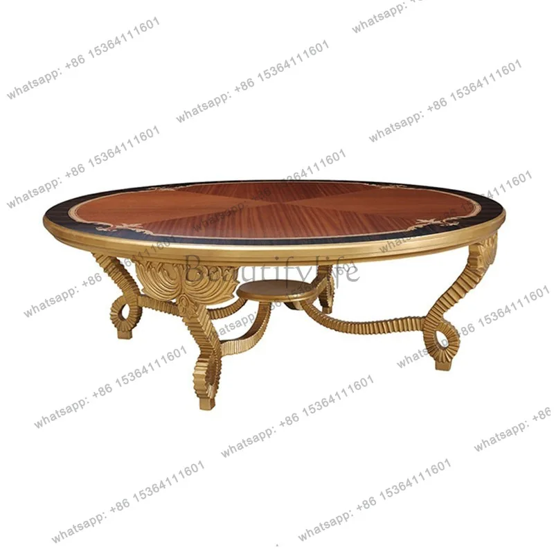 

French neoclassical round coffee table, mahogany carved living room coffee table villa furniture