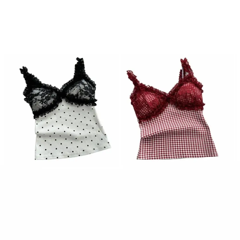 Mode Spicy Girl Stil Ärmelloses Crop Top V-ausschnitt Slim Fit Frauen Hosenträger Top Mesh Dot Süße Spitze Leibchen mit Pads Meer