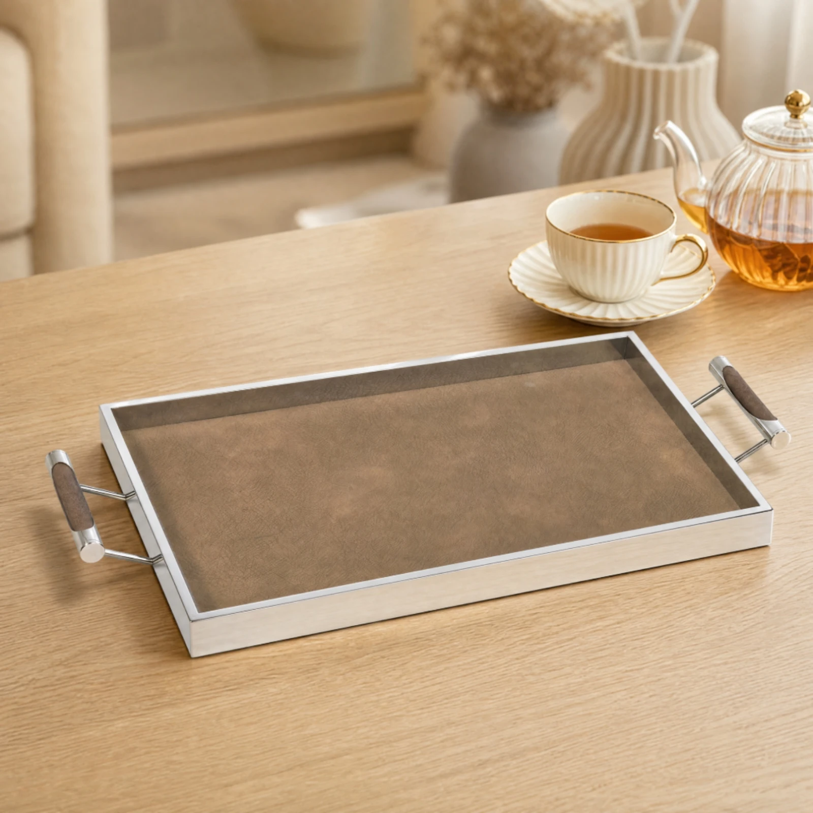 Rectangular Serving Tray with Raised Sides Reflective Leather-Lined Tray with Handles Decorative Rust-Resistant for Entertaining