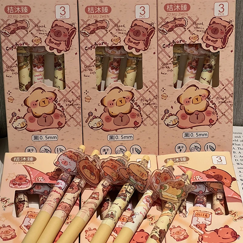 Capivara Pressionando Neutro Gel Pen, Bonito Dos Desenhos Animados, Criativo, Secagem Rápida, Papelaria Estética, Material de Escritório Escolar, Presentes, 3Pcs