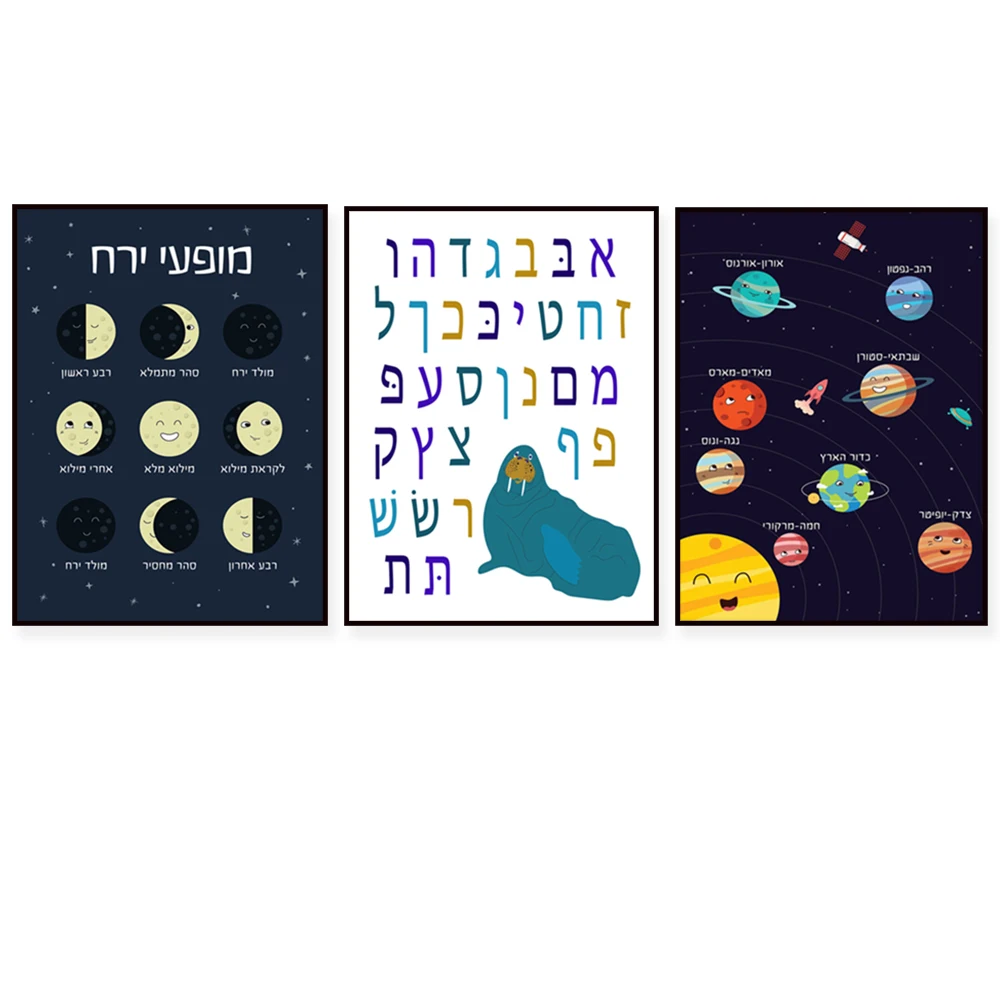 Hebrew Poster - Fractions, Math Multiplication, Moon Phases, Solar System Print, Hebrew Alphabet Jewish Parenting Baby Gifts