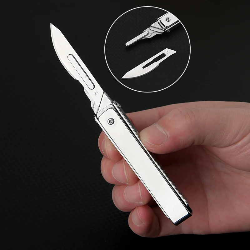 Stainless Steel Folding Knife Replaceable Blade NO 24 Scalpel Keychain Gadgets Express Box Cutter Outdoor Survival Men Gift