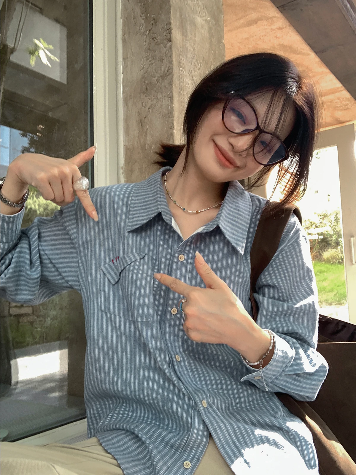 

Женская блузка Sisilyon в корейском стиле с полосками и вышивкой, с длинными рукавами, повседневная, из хлопка и полиэстера