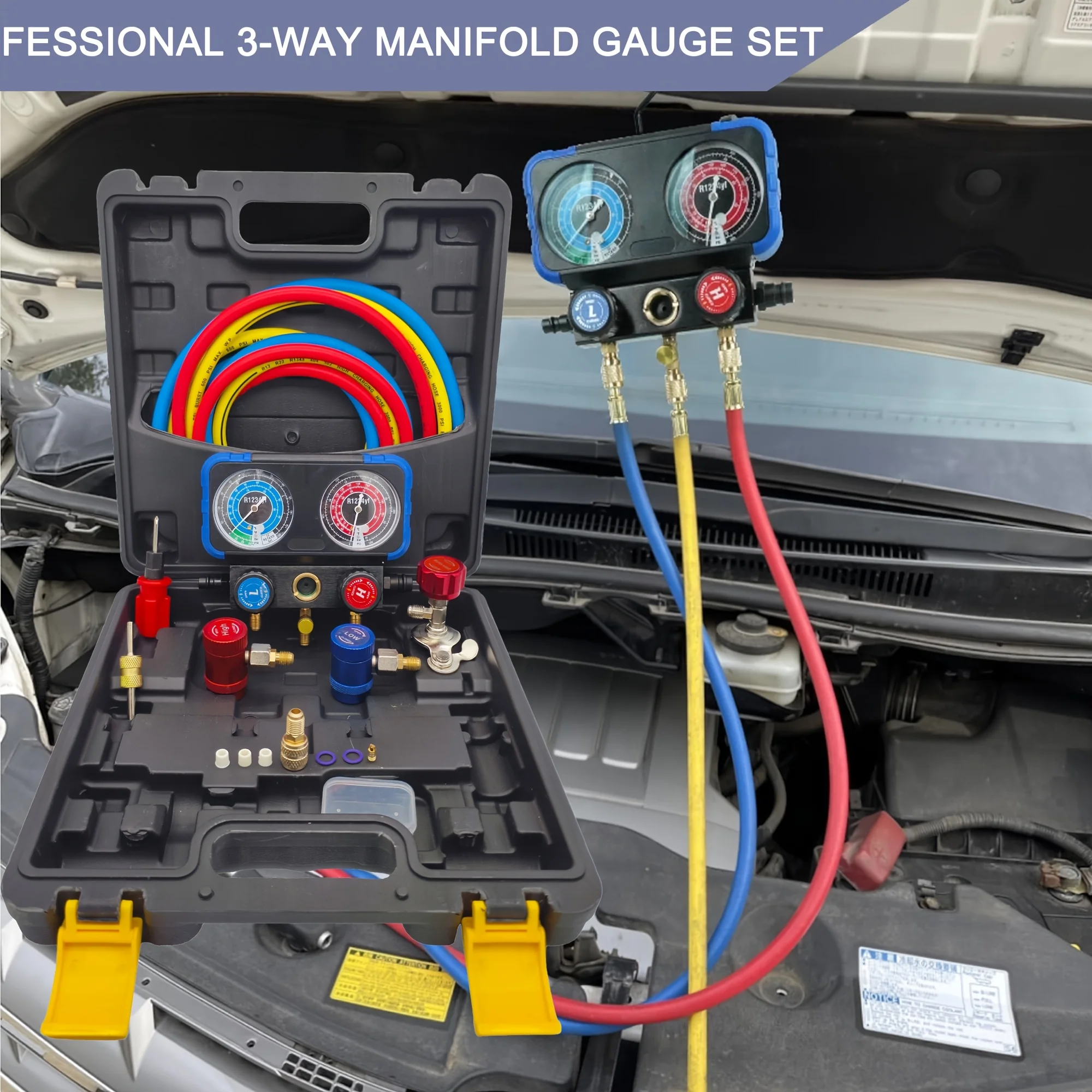 

Professional R1234yf AC Gauge Set (5ft Copper Hose, Gauges, Adapters) - Anti-Burst, Shatter-Resistant for Accurate Reading