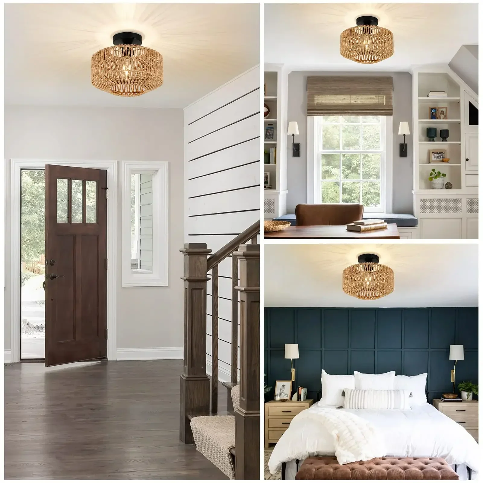 Ceiling Lamp Rattan E27 Bulb Chandelier Light Fixture Hand Woven  Mount For Hallway Bedroom Kitchen Entrance Living Room