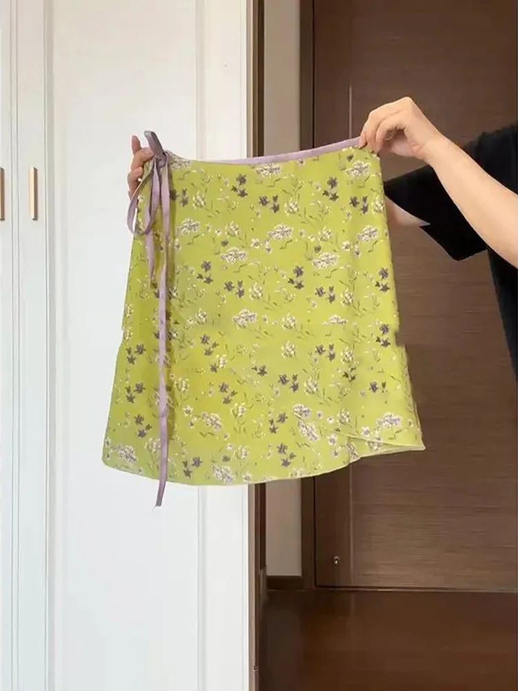 Retro Floral Print Skirt Women Simple Lace Up Waist Irregular A-line Mini Skirts Korean Sweet Y2k Aesthetic Faldas Ins