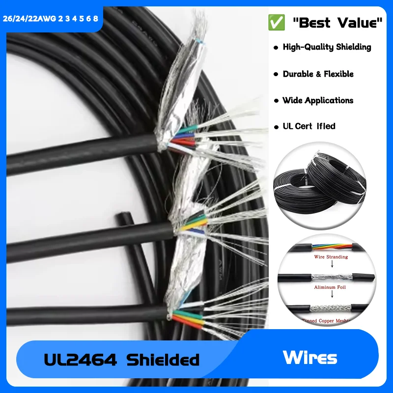 

2/5/10M Black UL2464 Shielded Wires 26/24/22AWG 2 3 4 5 6 8 Cores Channel Audio Line Copper Signal Control Cable Sheathed Wire
