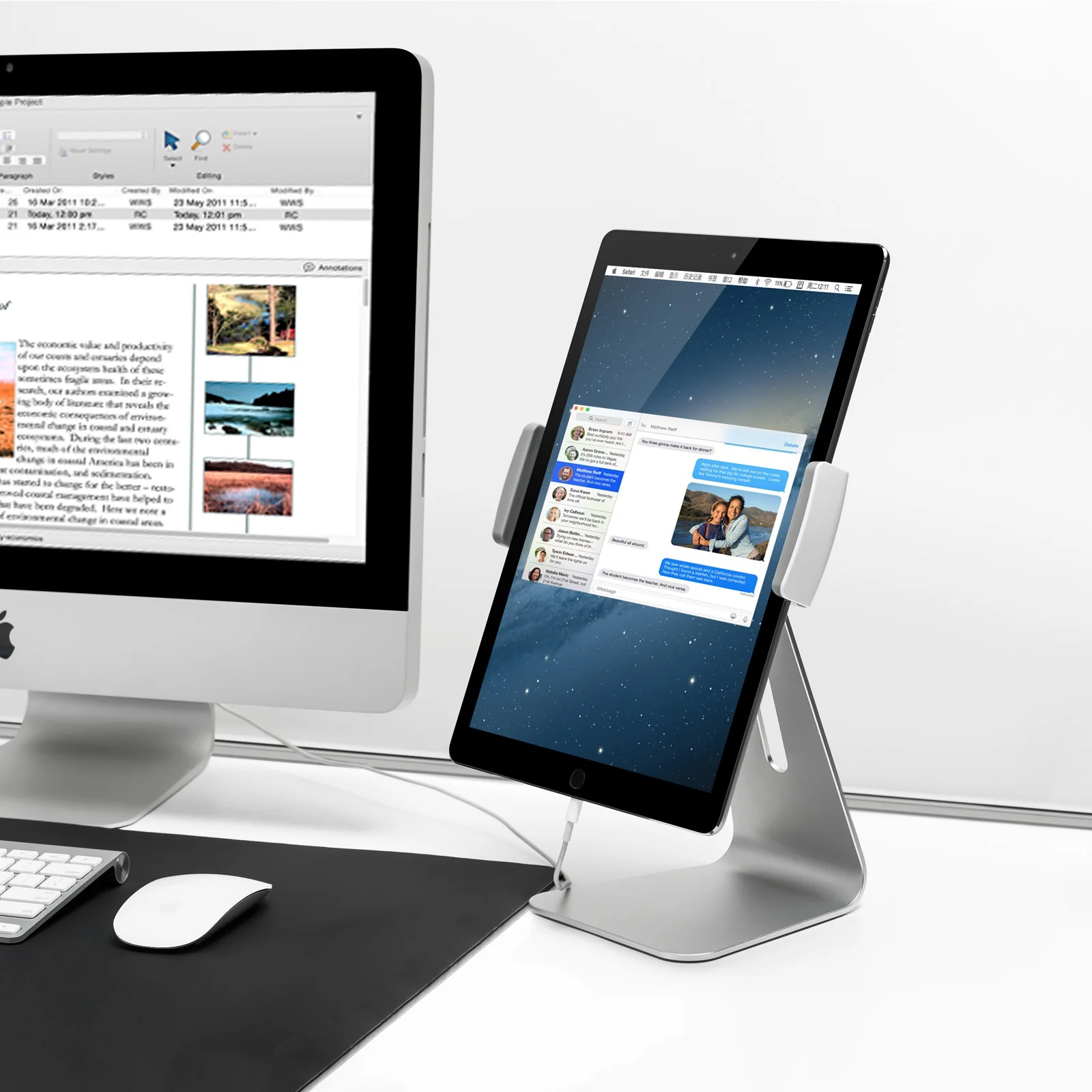 

Portable iPad Stand with Phone Holder, Foldable Height Adjustable Tablet Mount