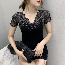 Black Summer Korean Style Cotton T-Shirt Chic Sexy V-Neck Patchwork Lace Diamonds Women Tops Short Sleeve Tees 2024 New 432621