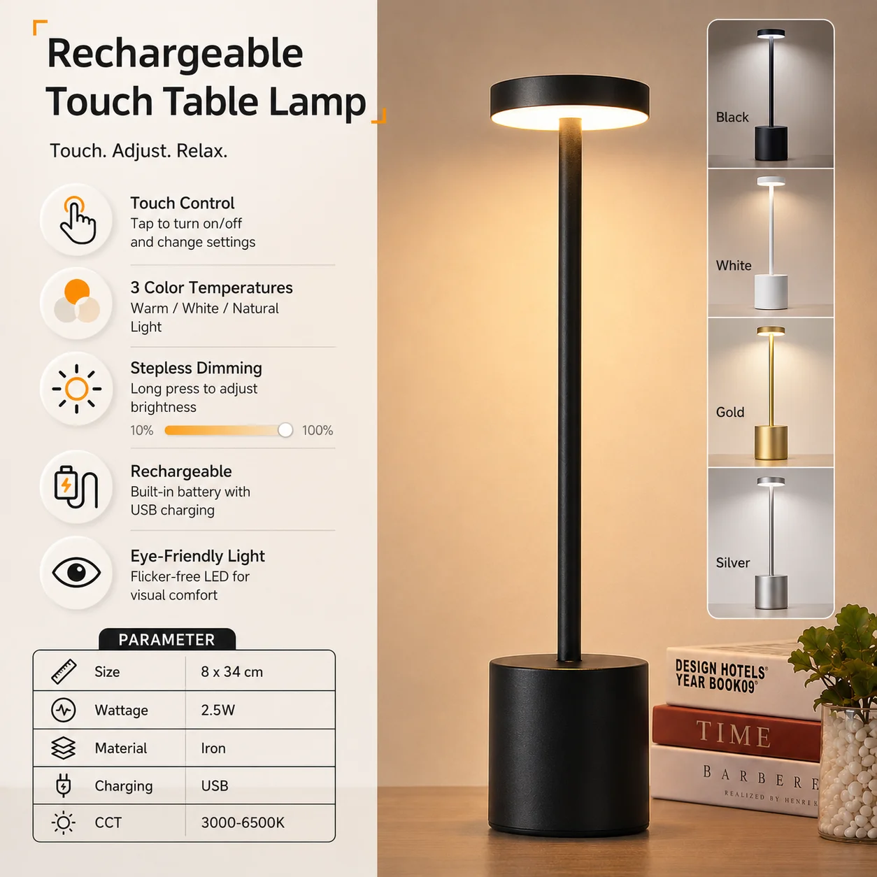 Luminária de Mesa Recarregável Sem Fio LED com Toque, 3 Cores Reguláveis, Luz Portátil para Quarto, Restaurante e Decoração de Escritório