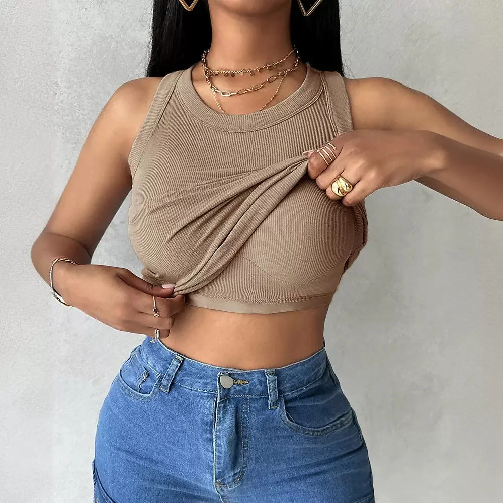 

Fashion Tank Top Women Clothing Summer New Round Neck Ribbed with Bra Pads Casual Solid Color Sleeveless Tops for Female