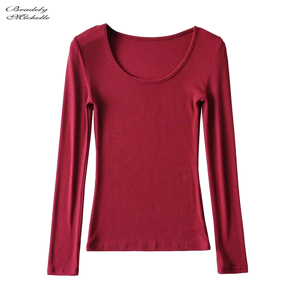 BRADELY MICHELLE Made Women Clothing Tops Fit Casual Elastic Cotton Solid O-neck Full Sleeve T-shirt Women