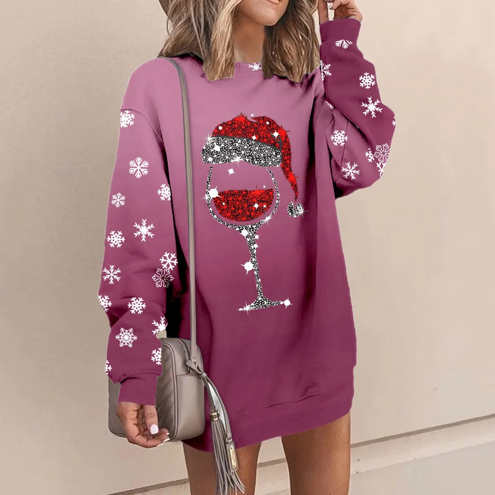 

Women's Comfortable Meryy Christmas Printing Fleece Long Crewneck Pullover Sweatshirt Dress Long Sleeve Mini Sweater Dresses