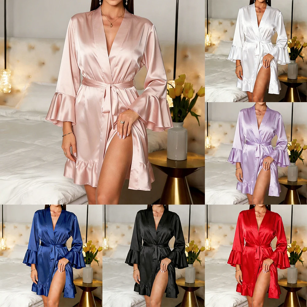 Robe Satin Silk Pajamas Kimono Women Sexy Deep V Lace Long Sleeve Nightgown Nightdress Bride Wedding Robe Sleepwear
