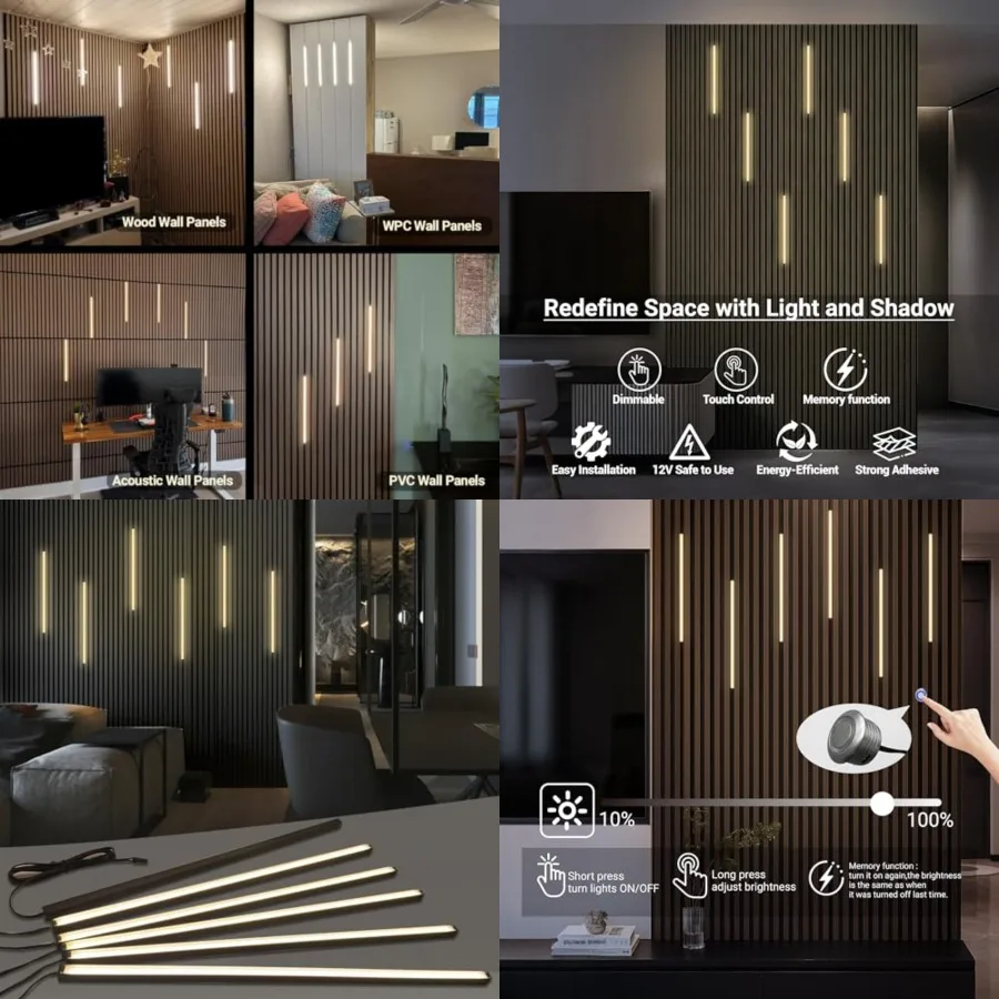 Black LED Recessed Lighting Kit - 6 PCS 16-Inch Dimmable LED Lights with Touch Switch, Wall Panel Light for Wood Slat Wall Pane