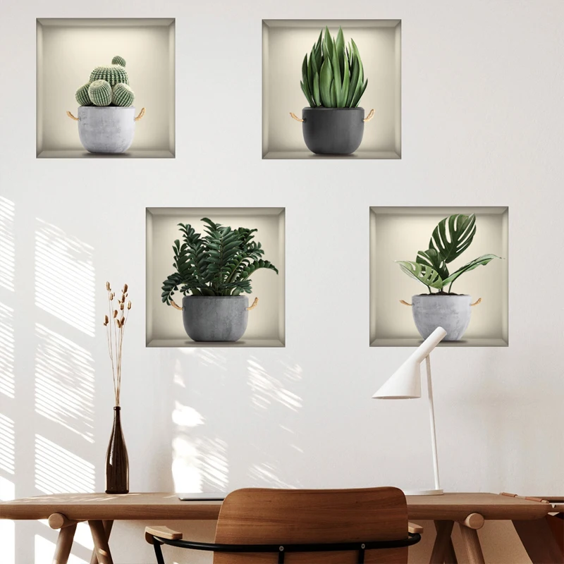 4pcs Padrão Planta Adesivo de Parede, Autoadesivo PVC Wall Art Decal Para Sala de estar, quarto, escritório