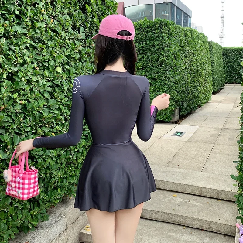 

Conservative Long Sleeve One Piece Swimsuit Women's Pink Dopaamine Korean Style Swimwear Sun Protection Bodycon Dress