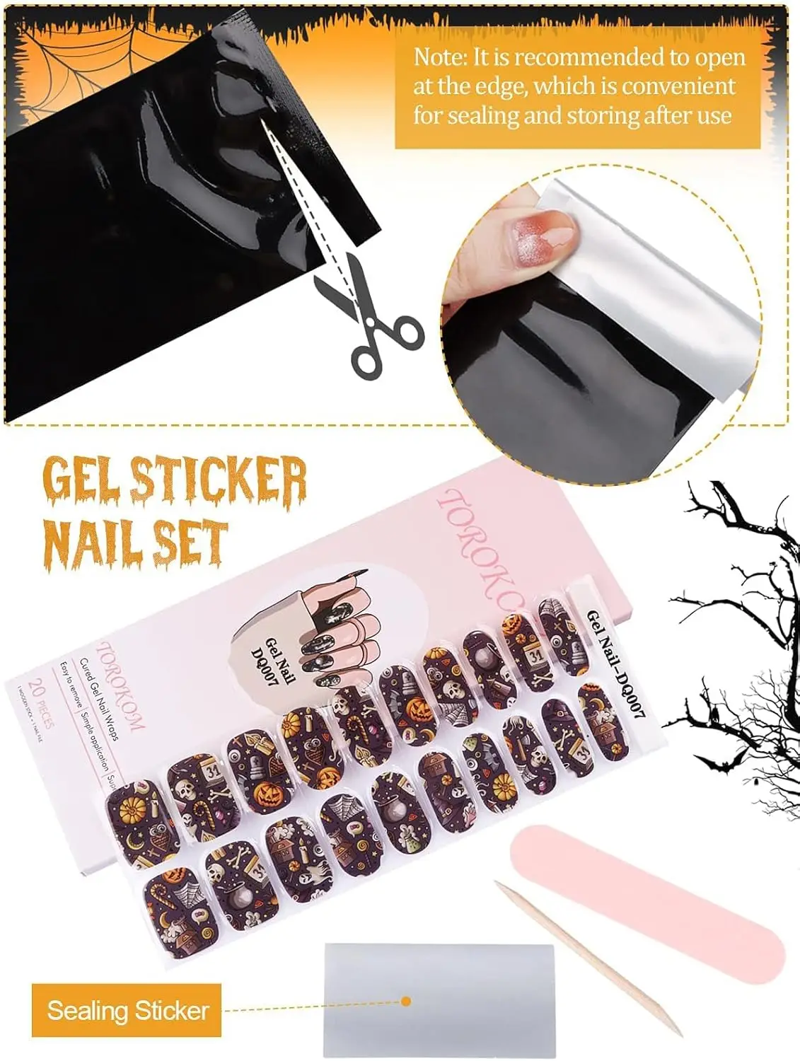 شرائط أظافر جل الهالوين، أغطية أظافر كاملة تدوم طويلاً مع أدوات (يطلوبة مصباح الأشعة فوق البنفسجية/LED)