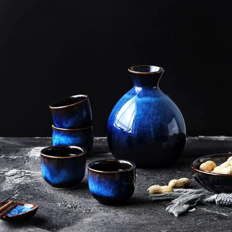 Japanese Creative Large-bellied Ceramic Wine Pot Gradient Blue Kiln-fired Ceramics Sake Pot Cup Bar Decoration Drinking Utensils