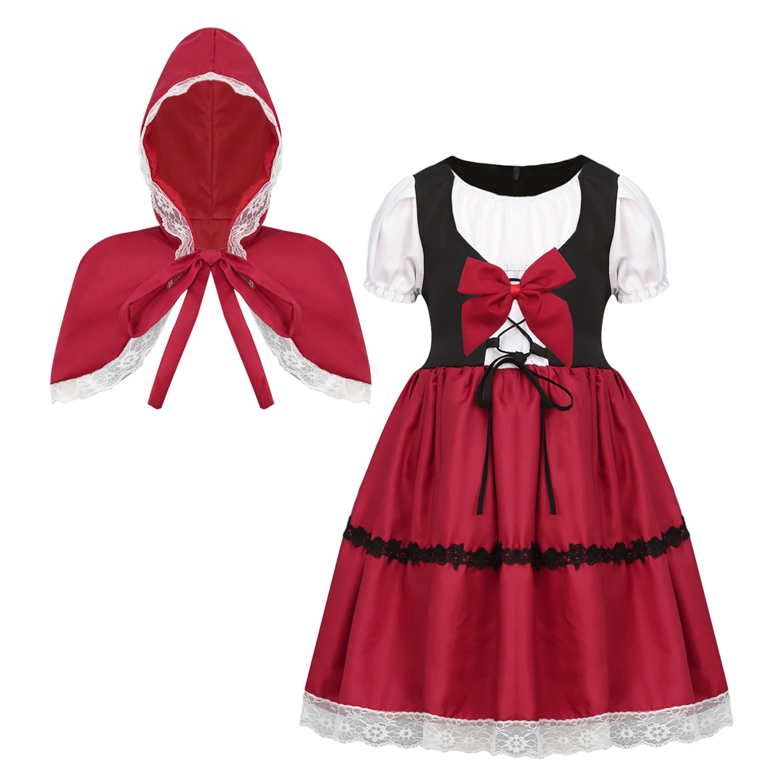 Kinder Mädchen Halloween Cartoon Charakter Cosplay Party Kostüm Puffärmel Spitzenbesatz Kleid mit Kapuzenumhang und Schleife Brosche Set