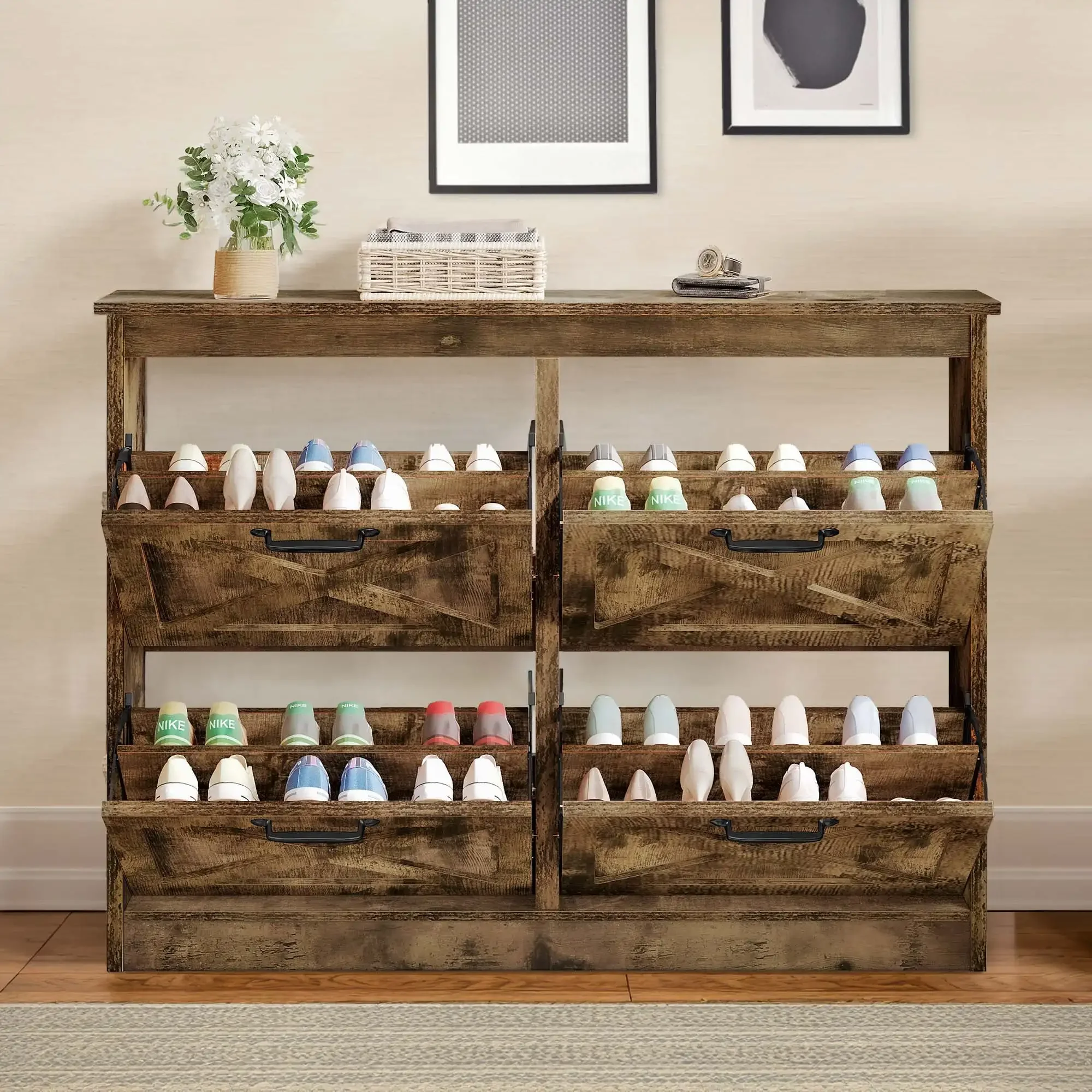 Shoe Storage Cabinet with 4 Flip Drawers, Farmhouse Wood Shoe Cabinet, FreeStanding Narrow Shoe Rack Organizer with Metal Legs