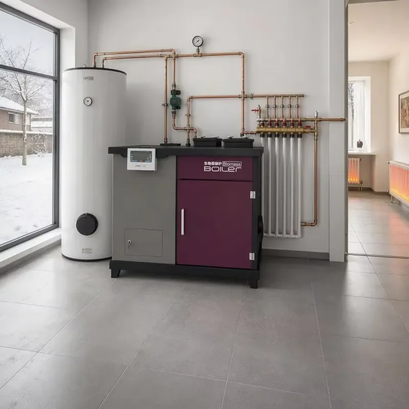 Modern Biomass Pellet Fireplace for Guesthouse Multi-Room Zone Heating Hot Water Tank 6 Rooms Bed Breakfast 400m2