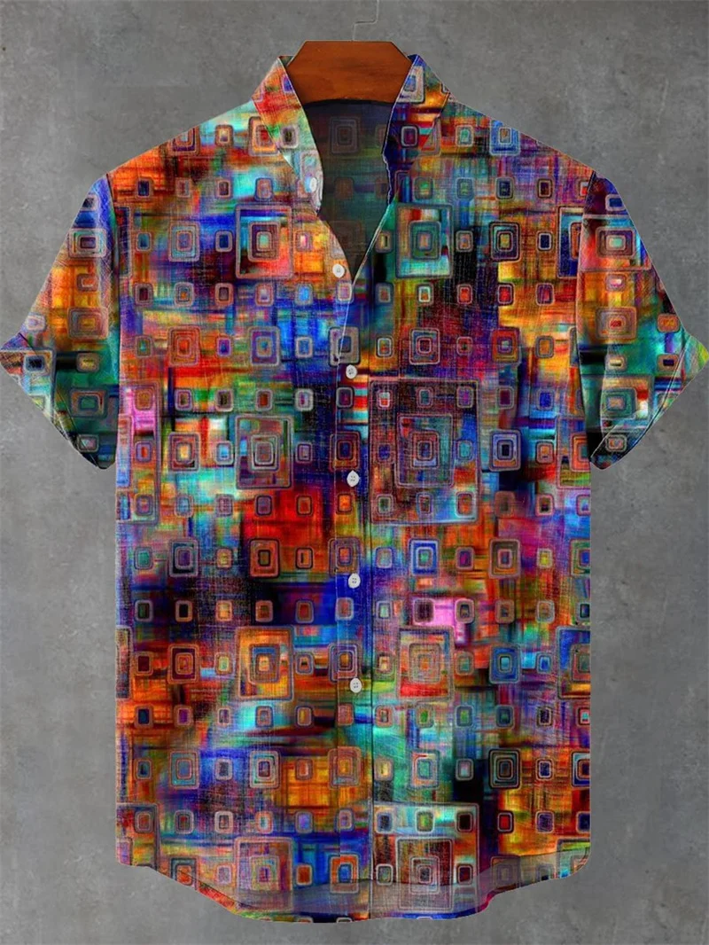 هاواي مخطط الرجال قميص عارضة قصيرة الأكمام أعلى الأسد فضفاض زي لوحة المفاتيح خمر أزياء الصيف قميص #1