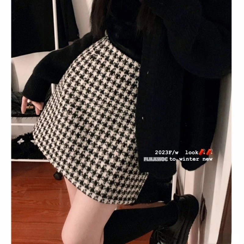 New Year Date Girls Woman Retro Vintage Plaid Skirts FLHJLWOC Design High Waist One-Step Woolen Cloth Cute Mini Skirt