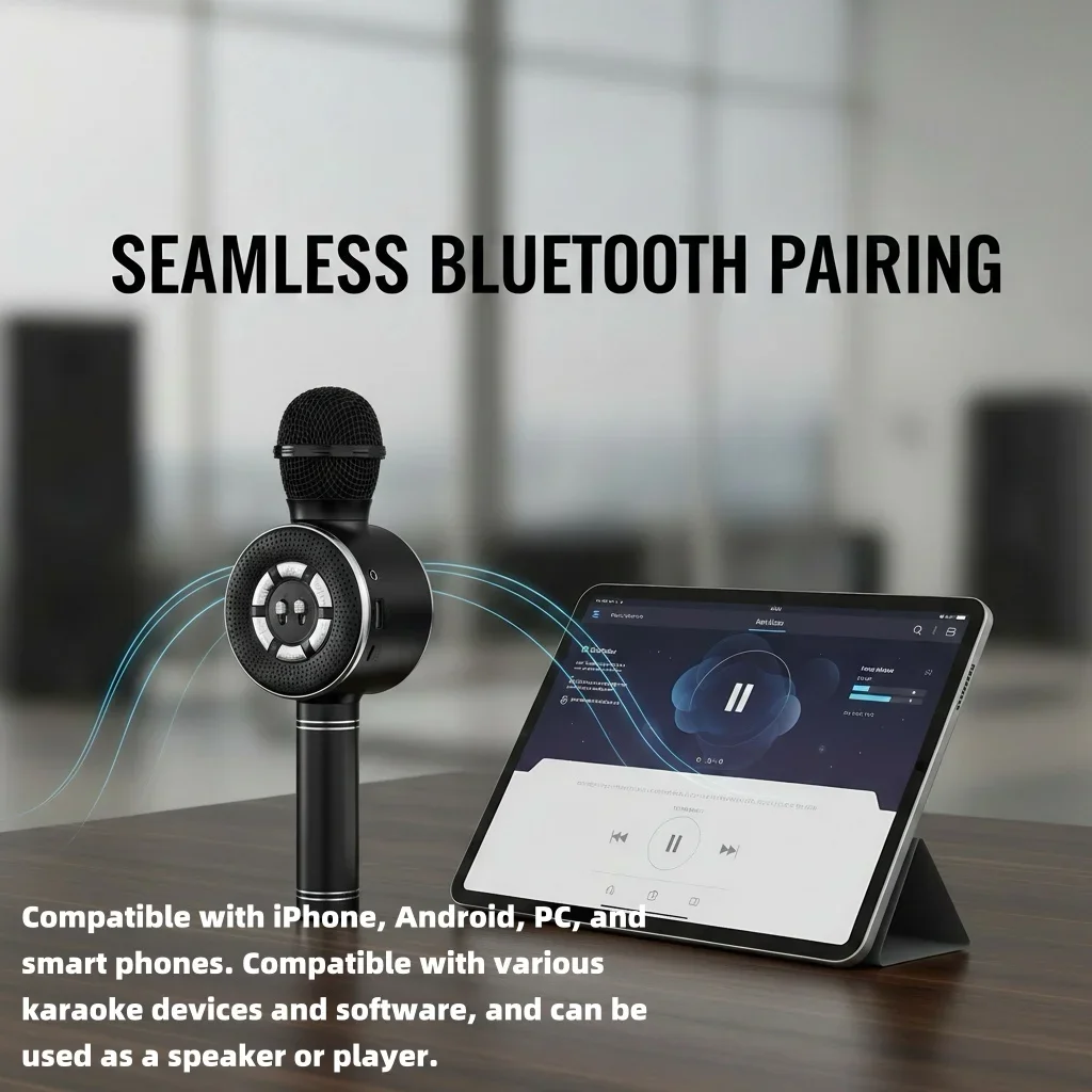 Microfone de alto-falante de karaokê sem fio Bluetooth, som HIFI, bateria grande, reprodução USB/TF, função de selfie, uso em festas/eventes