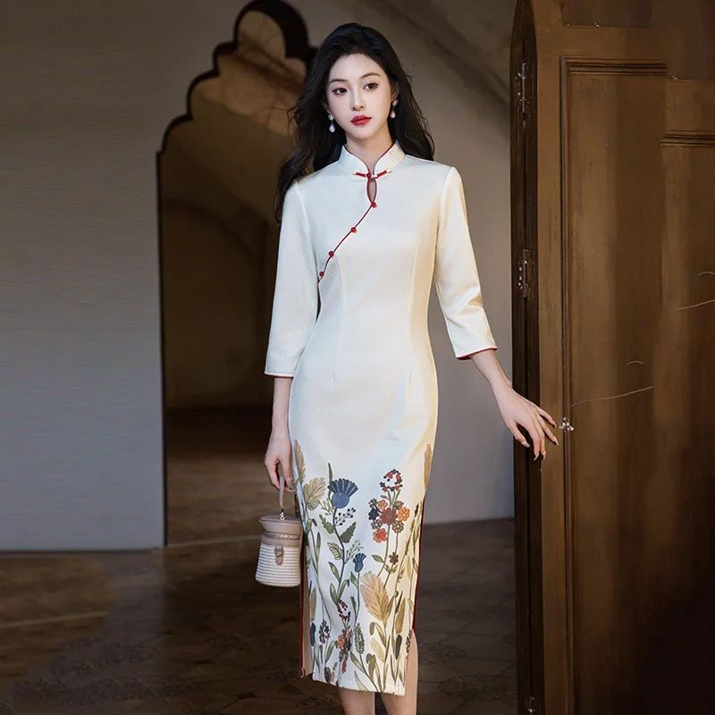 

Новинка 2025, улучшенное женское платье Cheongsam в китайском стиле со сломанным цветком, длинное Ципао