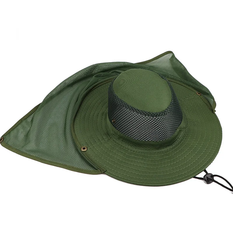 Windproof Men Outdoor Hat Wide Brim Quick Drying Fishingmen Cap Men Camping Hat Camouflage Jungle Hat Anti-UV Strap Hollow Out