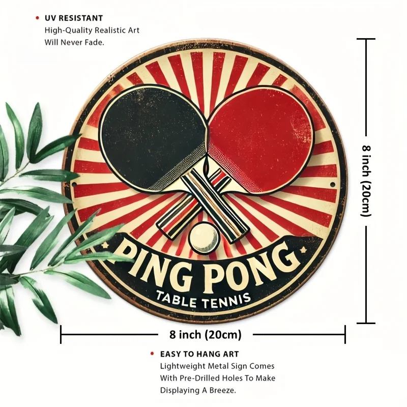 1Pc8 X 8Inch (20 X 20Cm) Ping Pong- Tin Signs Vintage-Style Round Aluminum Wall Art Sign - Bedroom Kitchen, Restaurant, Bar Deco