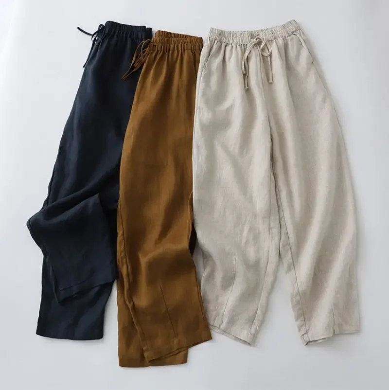 

Linen Solid Casual Elastic High Waist Wide-Leg Loose Women's Pants Korean Fashion Ankle-Length Pants for Women 2023 Summer X131