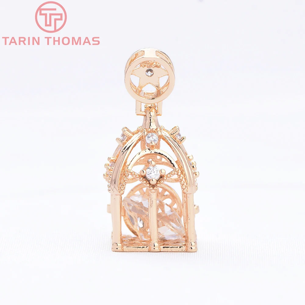 (8952) 4PCS 14x28MM 24K Gold Color Brass with Zircon Hollow out Birdcage Shaped Pendant High Quality Diy Jewelry Making Finding
