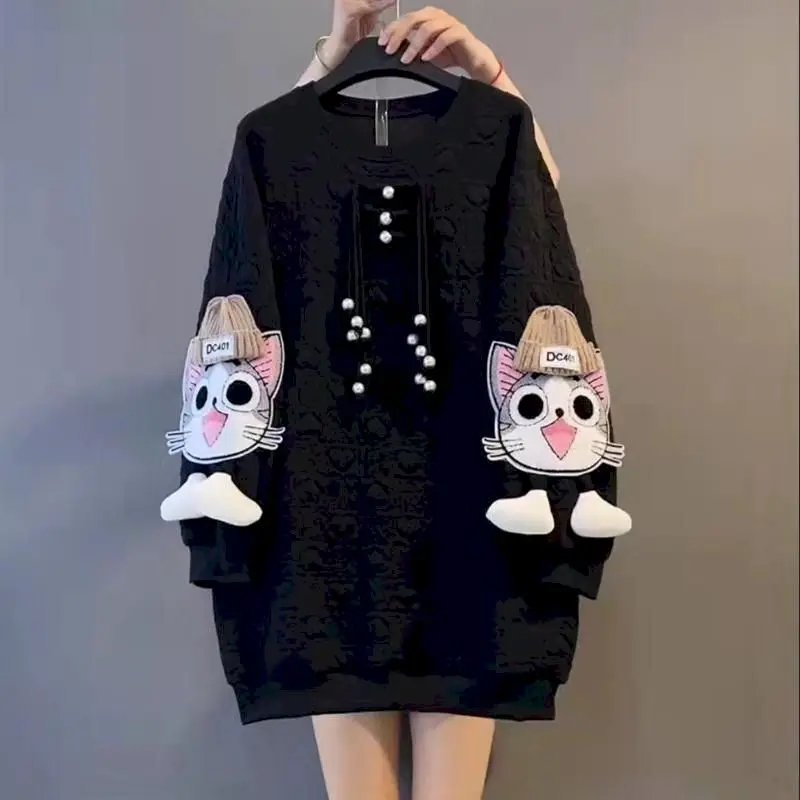 Oversized Pullovers Women Autumn Winter Trendy Mid-length Pullover Fashion Three-dimensional Decoration Cartoon Cute Tops Woman