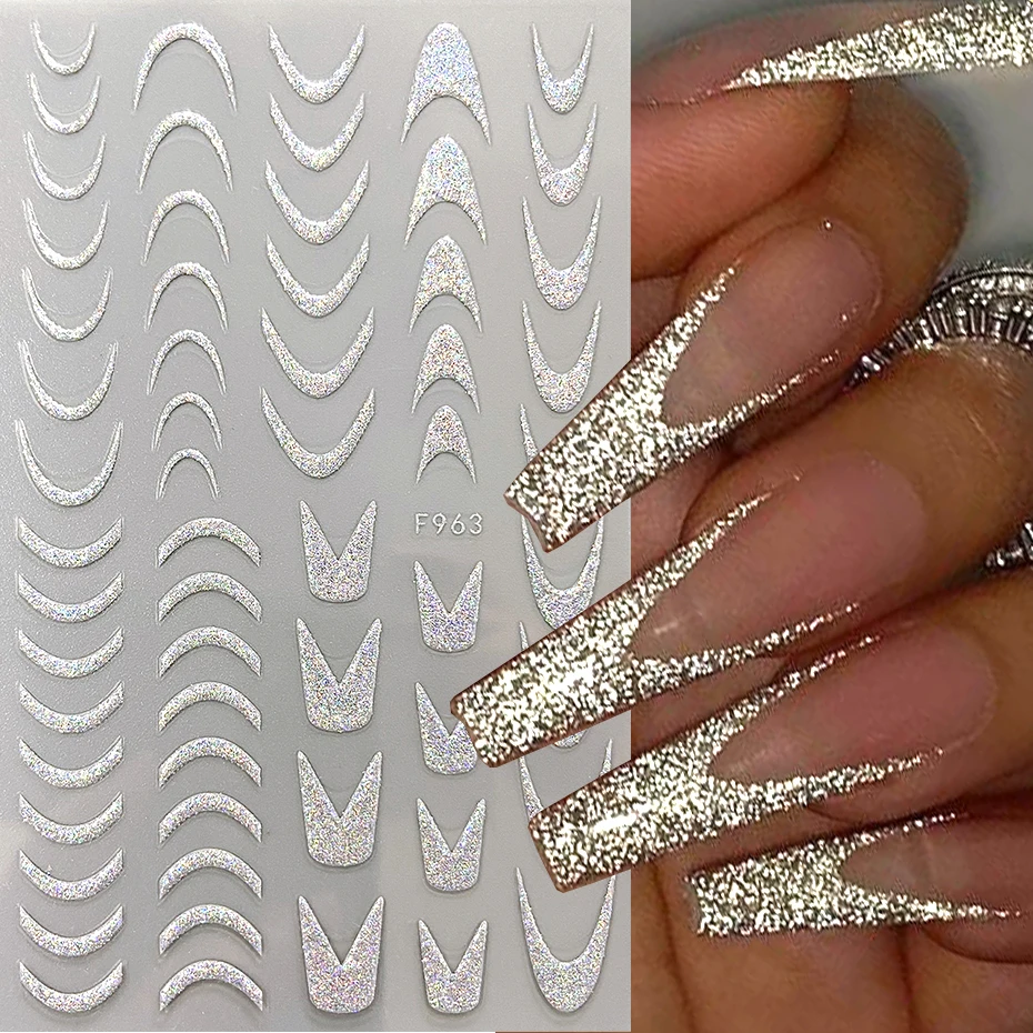 Reflective Glitter French Tip 3D Nail Stickers Metal Swirl Stripe Line Decals Sparkly Wave Transfer Nail Art Manicure Decoration