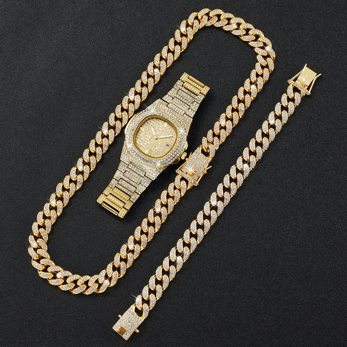 1/2/3PCS Luxury Full Diamond Men's Watches Fashion Hip Pop Quartz Wristwatch with Calendar Jewelry Set